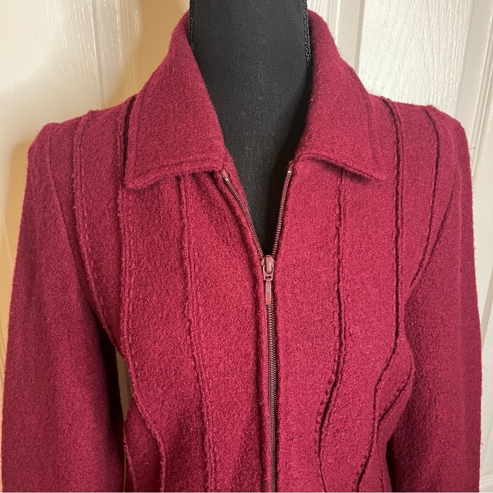 Mainbocher Wool Zip Jacket Sz M Burgundy Textured Flared Cuff Classic RN90778 - Picture 3 of 7